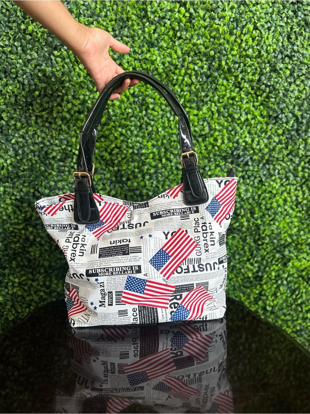 Patriotic Newspaper Print Tote Bag with Black Handles